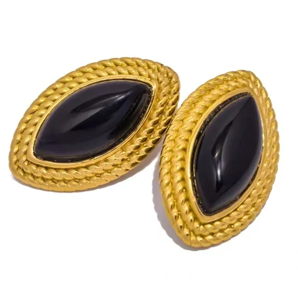 Anthropologie Black 18K Gold Stainless Steel Waterproof Oval Earrings - Picture 1 of 3